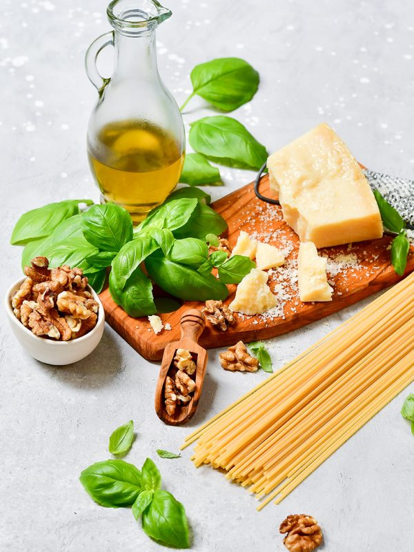 spaghetti pasta pesto Italy food. ingredients for traditional It